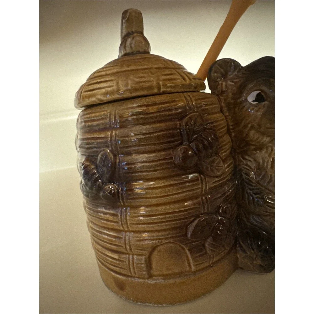 Honey Pot Bear & Bee Hive Armbee Japan with stir stick Vtg Retro Kitchen Decor